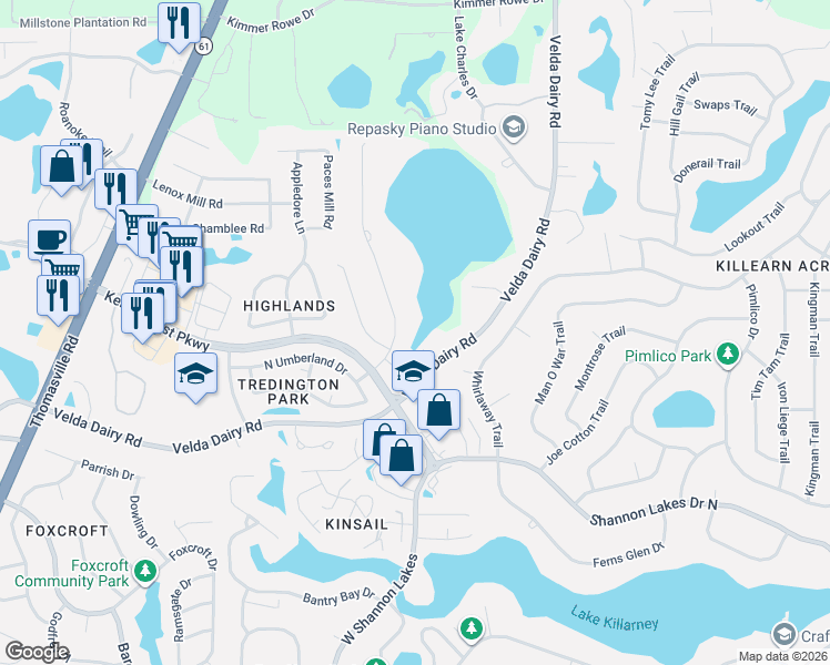 map of restaurants, bars, coffee shops, grocery stores, and more near 5351 Pembridge Place in Tallahassee