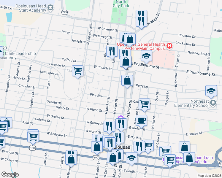 map of restaurants, bars, coffee shops, grocery stores, and more near 101-199 West Convent Street in Opelousas