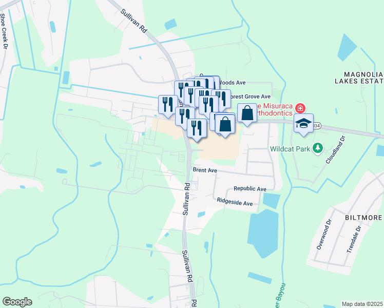 map of restaurants, bars, coffee shops, grocery stores, and more near 10218 Sullivan Road in Baton Rouge