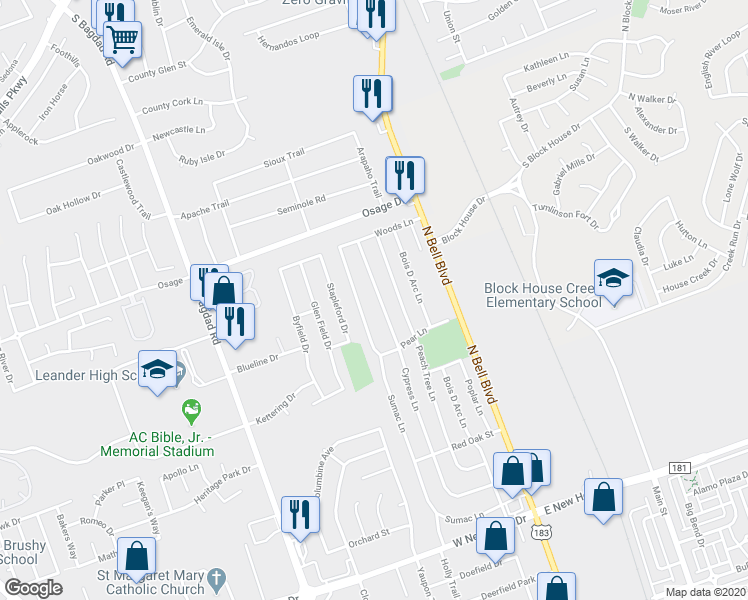 map of restaurants, bars, coffee shops, grocery stores, and more near 2604 Cypress Lane in Cedar Park