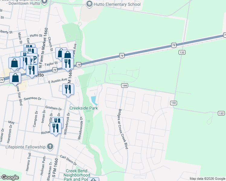 map of restaurants, bars, coffee shops, grocery stores, and more near 300 County Road 199 in Hutto