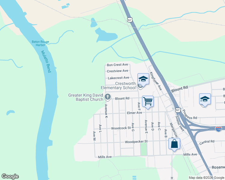 map of restaurants, bars, coffee shops, grocery stores, and more near 225 Hillcrest Avenue in Baton Rouge