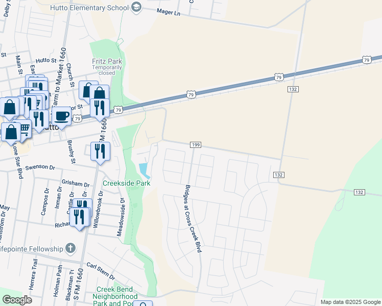 map of restaurants, bars, coffee shops, grocery stores, and more near County Road 199 in Hutto
