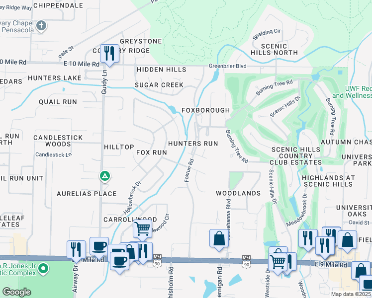 map of restaurants, bars, coffee shops, grocery stores, and more near 10015 Foxrun Road in Pensacola