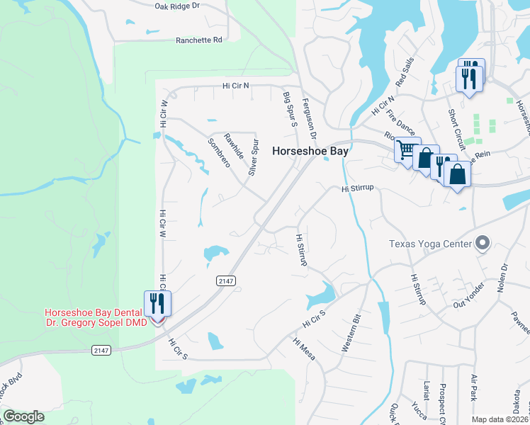 map of restaurants, bars, coffee shops, grocery stores, and more near 210 Big Spur South in Horseshoe Bay