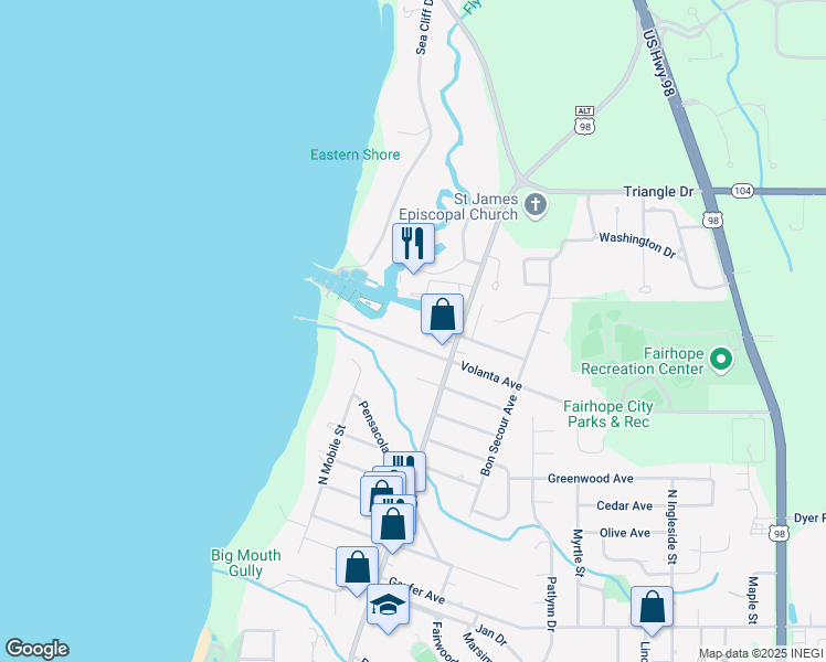 map of restaurants, bars, coffee shops, grocery stores, and more near 125 Volanta Ave in Fairhope