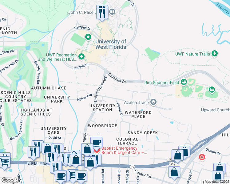 map of restaurants, bars, coffee shops, grocery stores, and more near 10040 Hillview Drive in Pensacola