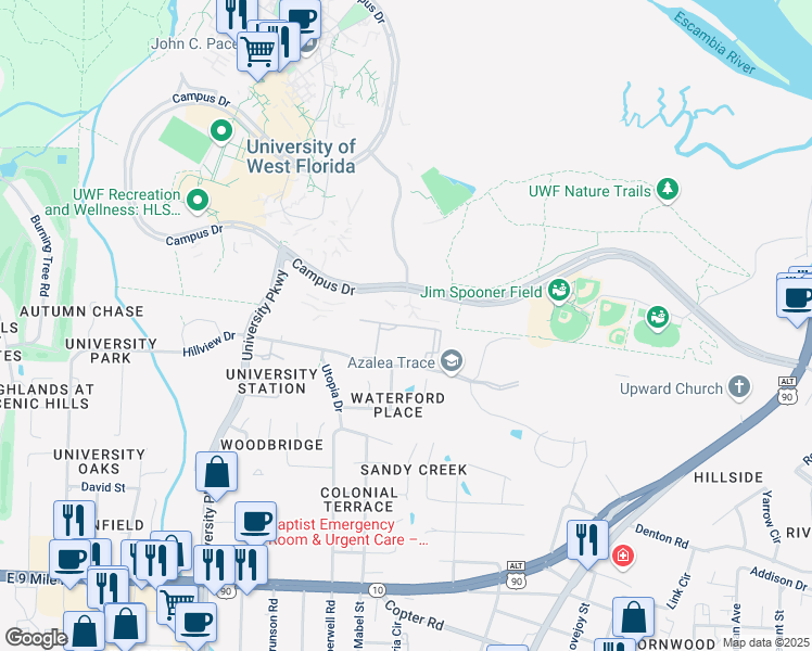 map of restaurants, bars, coffee shops, grocery stores, and more near Campus Drive in Pensacola