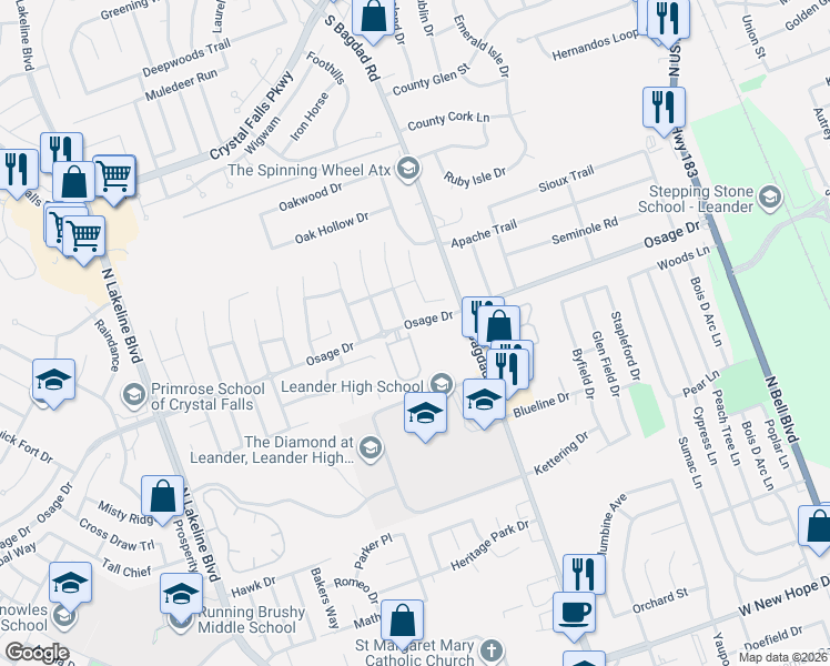 map of restaurants, bars, coffee shops, grocery stores, and more near 1001 Osage Drive in Leander