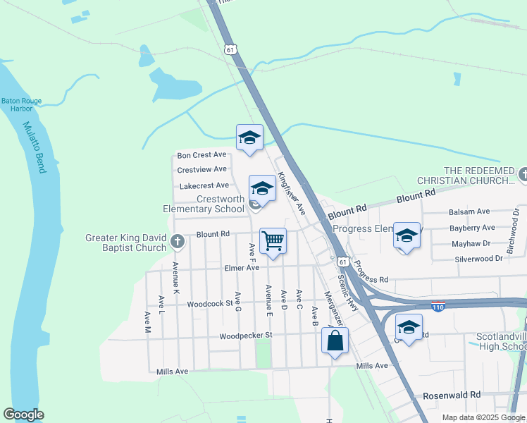 map of restaurants, bars, coffee shops, grocery stores, and more near 10650 Avenue F in Baton Rouge