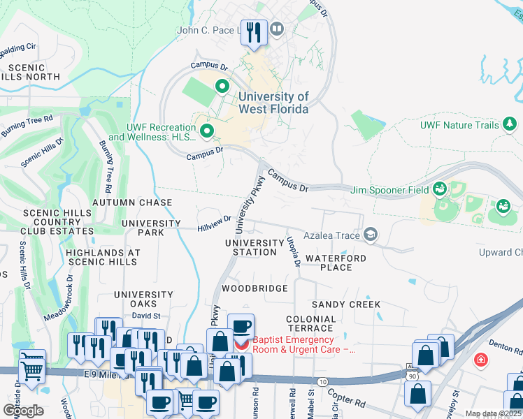 map of restaurants, bars, coffee shops, grocery stores, and more near 10040 Hillview Drive in Pensacola