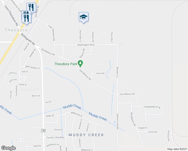 map of restaurants, bars, coffee shops, grocery stores, and more near 5171 Jones Road in Theodore