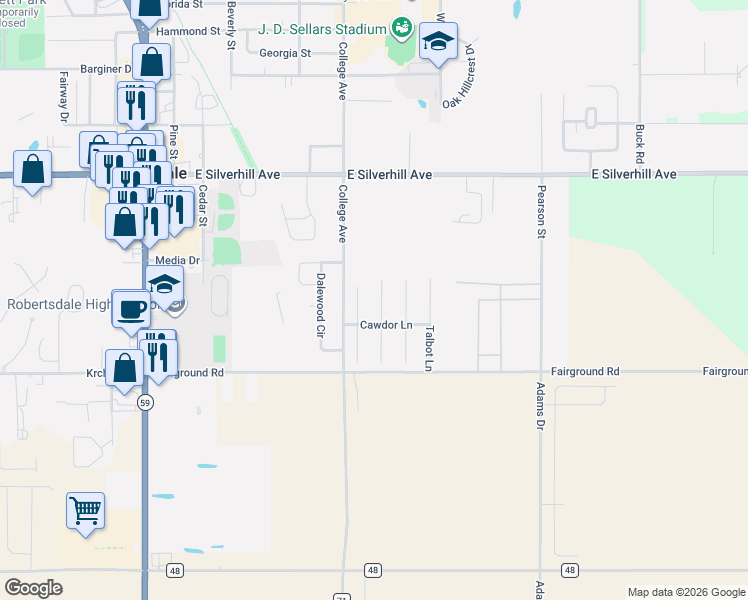 map of restaurants, bars, coffee shops, grocery stores, and more near 21500-21798 Shadowbrook St in Robertsdale
