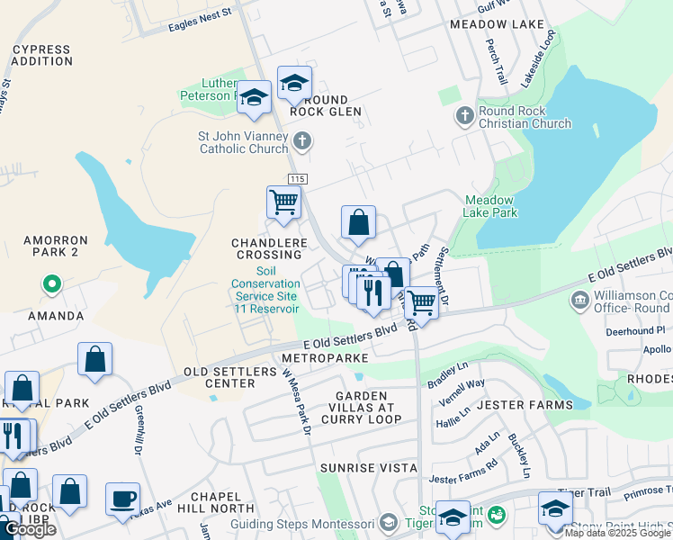 map of restaurants, bars, coffee shops, grocery stores, and more near 2750 Sunrise Road in Round Rock