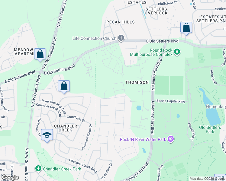 map of restaurants, bars, coffee shops, grocery stores, and more near 2901 East Old Settlers Boulevard in Round Rock
