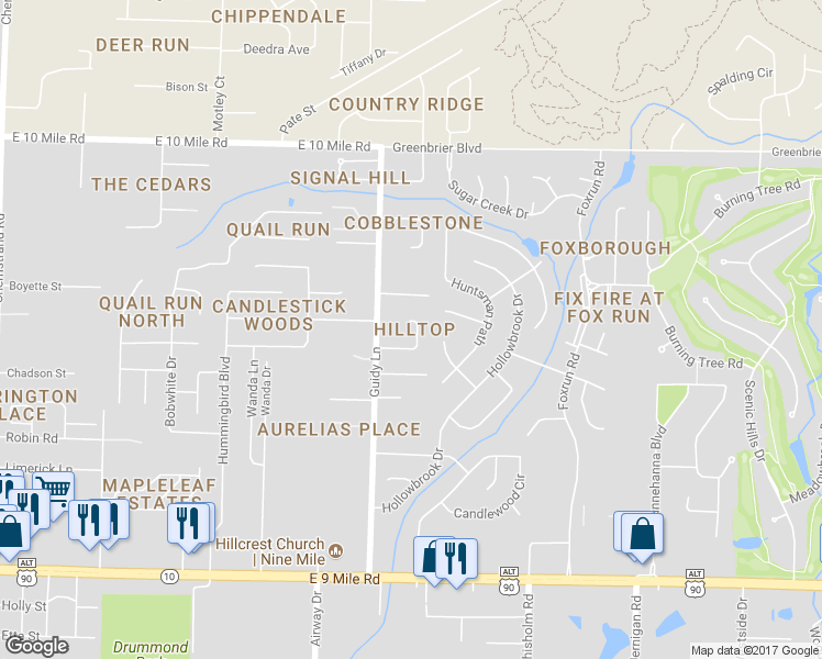 map of restaurants, bars, coffee shops, grocery stores, and more near 1038 Peakview Drive in Pensacola