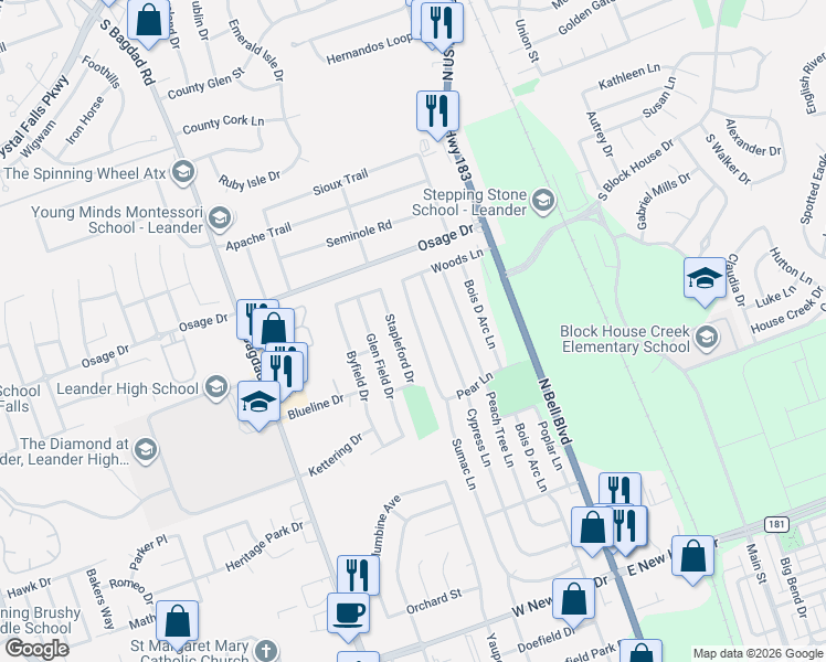map of restaurants, bars, coffee shops, grocery stores, and more near 2609 Sumac Lane in Cedar Park