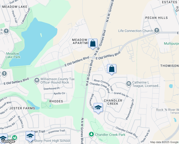 map of restaurants, bars, coffee shops, grocery stores, and more near 2744 North A.W. Grimes Boulevard in Round Rock