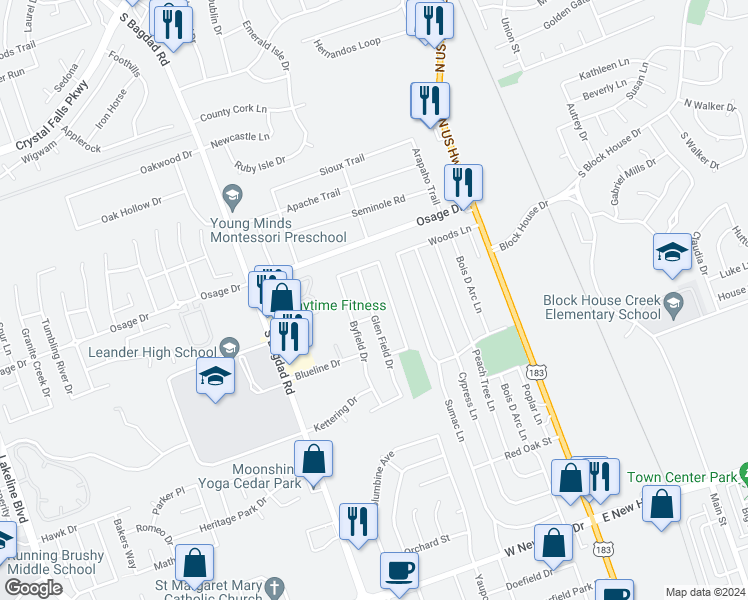 map of restaurants, bars, coffee shops, grocery stores, and more near 2606 Glen Field Drive in Cedar Park