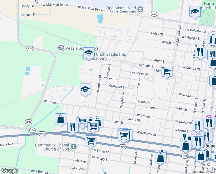 map of restaurants, bars, coffee shops, grocery stores, and more near 1200-1298 Crouchet St in Opelousas