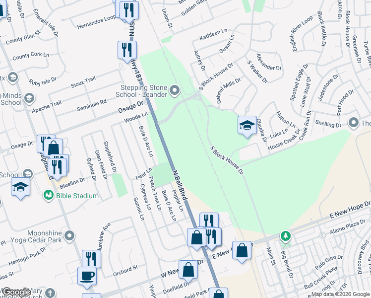 map of restaurants, bars, coffee shops, grocery stores, and more near 183 U.S. 183 in Leander