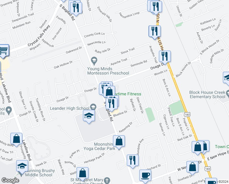 map of restaurants, bars, coffee shops, grocery stores, and more near 2702 South Bagdad Road in Leander