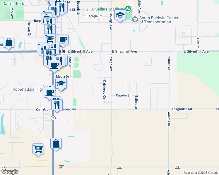 map of restaurants, bars, coffee shops, grocery stores, and more near 21685 County Road 71 in Robertsdale
