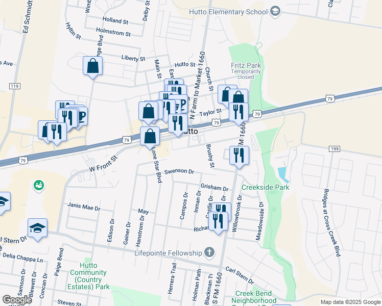 map of restaurants, bars, coffee shops, grocery stores, and more near 107 East Austin Avenue in Hutto