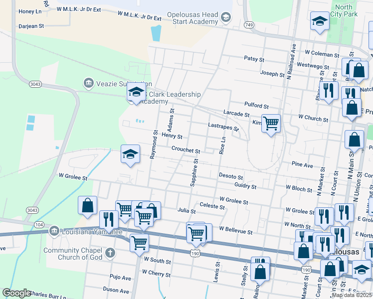map of restaurants, bars, coffee shops, grocery stores, and more near 1198 Crouchet St in Opelousas
