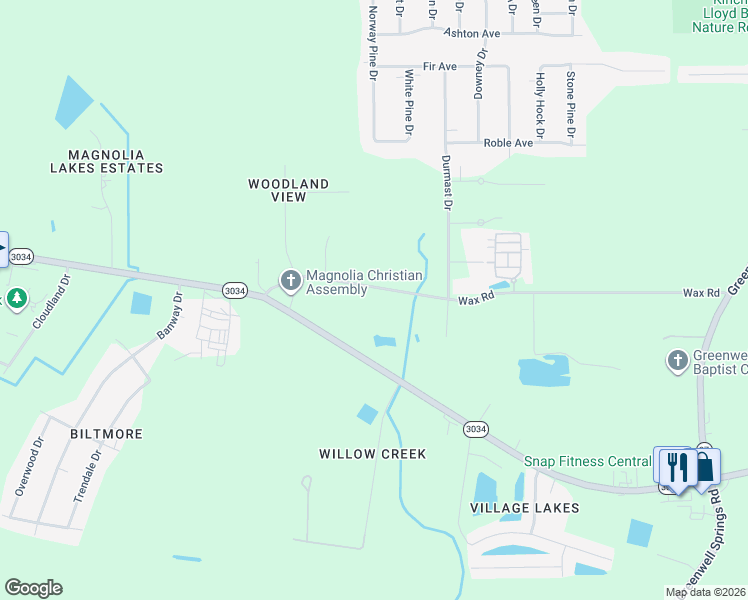 map of restaurants, bars, coffee shops, grocery stores, and more near 16782 Wax Road in Central