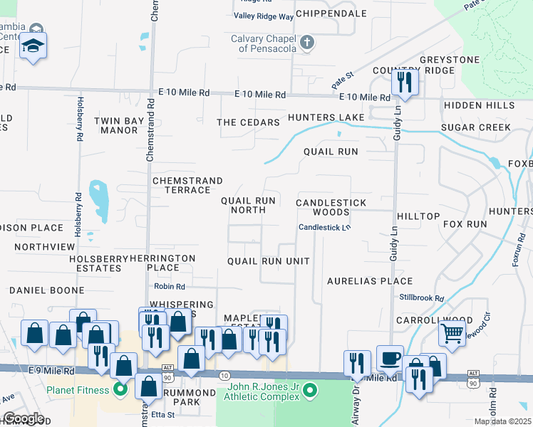 map of restaurants, bars, coffee shops, grocery stores, and more near 420 Bobwhite Drive in Pensacola
