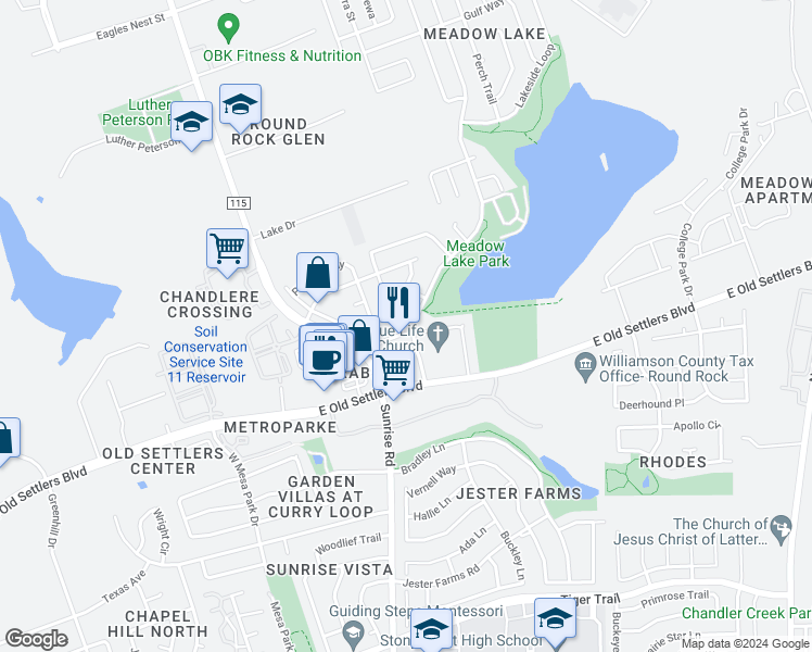 map of restaurants, bars, coffee shops, grocery stores, and more near 2736 Settlement Drive in Round Rock