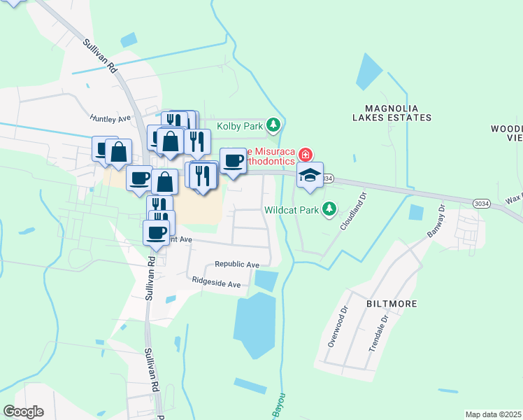 map of restaurants, bars, coffee shops, grocery stores, and more near 10200 West Brookside Drive in Baton Rouge