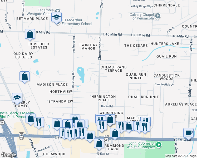map of restaurants, bars, coffee shops, grocery stores, and more near 10001-10021 County Road 749 in Pensacola