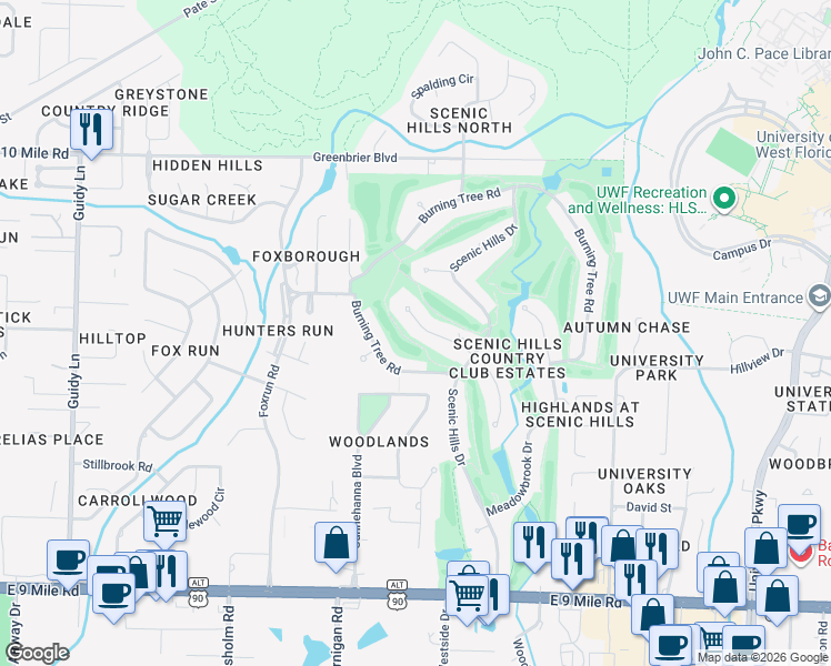 map of restaurants, bars, coffee shops, grocery stores, and more near 8855 Thunderbird Drive in Pensacola