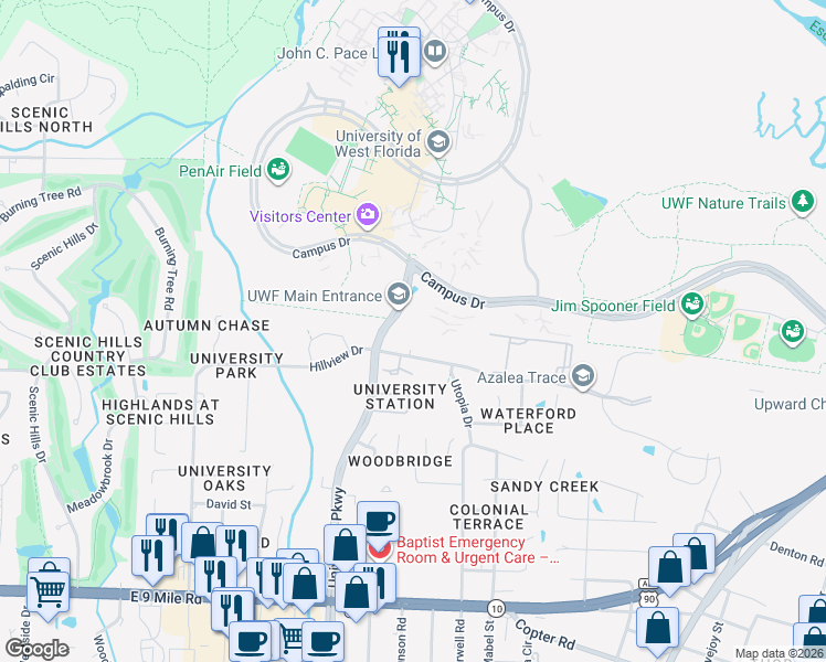 map of restaurants, bars, coffee shops, grocery stores, and more near 10040 Hillview Drive in Pensacola