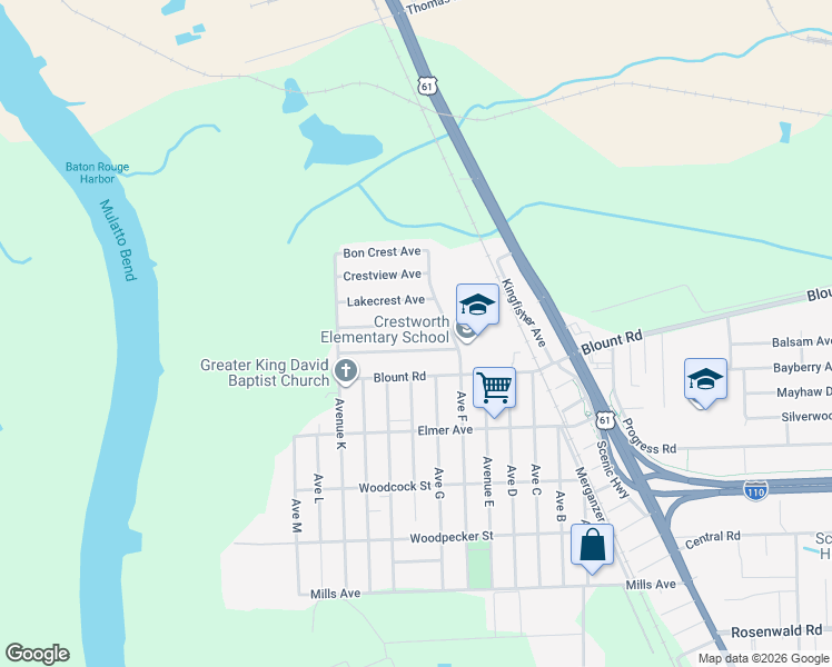 map of restaurants, bars, coffee shops, grocery stores, and more near 348 Rivercrest Avenue in Baton Rouge