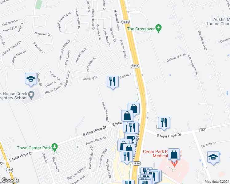 map of restaurants, bars, coffee shops, grocery stores, and more near 183A Frontage Road in Leander