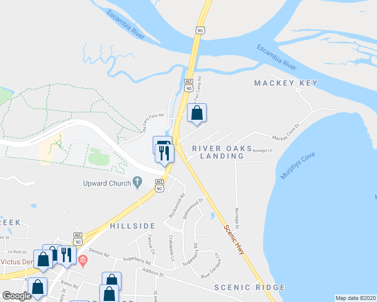 map of restaurants, bars, coffee shops, grocery stores, and more near 12000 Scenic Highway in Pensacola