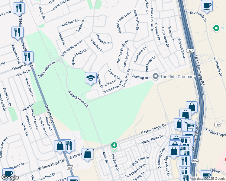 map of restaurants, bars, coffee shops, grocery stores, and more near 804 House Creek Drive in Leander