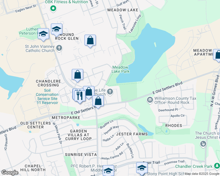 map of restaurants, bars, coffee shops, grocery stores, and more near 1606 Sundance Drive in Round Rock