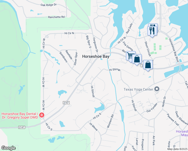 map of restaurants, bars, coffee shops, grocery stores, and more near 1100 Hi Stirrup in Horseshoe Bay