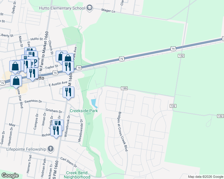 map of restaurants, bars, coffee shops, grocery stores, and more near 300 County Road 199 in Hutto