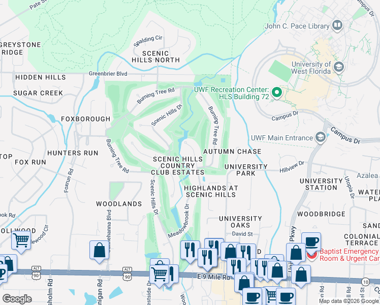 map of restaurants, bars, coffee shops, grocery stores, and more near 8829 Meadowbrook Drive in Pensacola