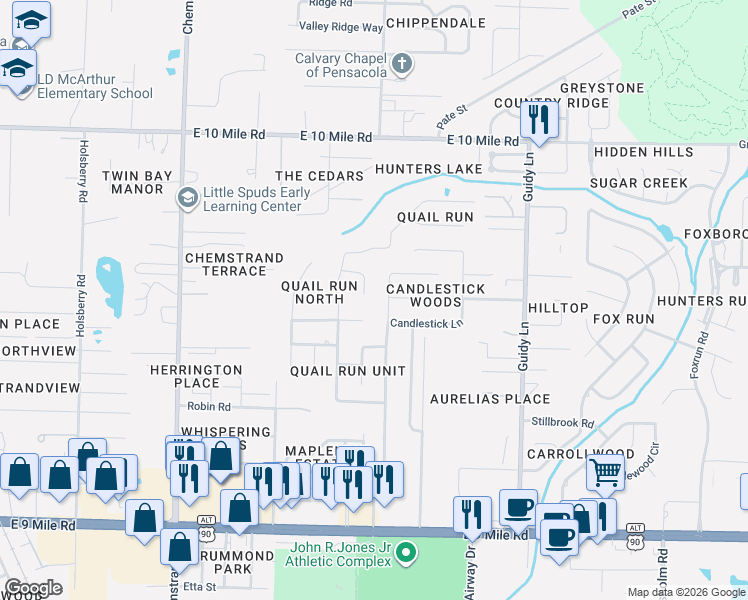 map of restaurants, bars, coffee shops, grocery stores, and more near 10019 Hummingbird Boulevard in Pensacola