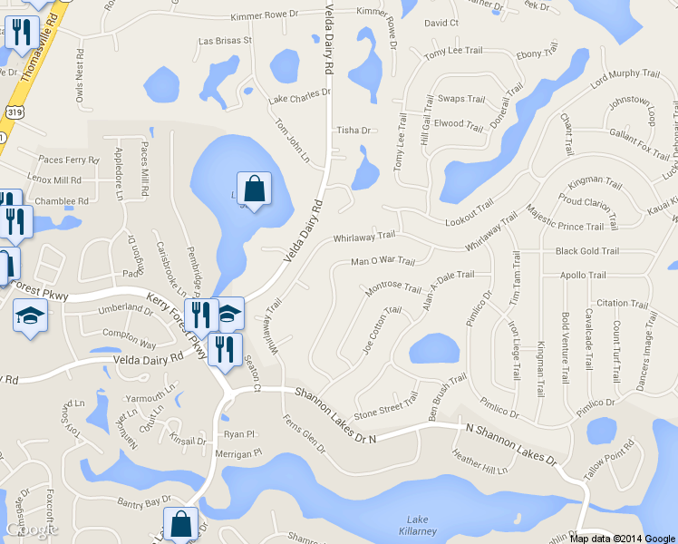 map of restaurants, bars, coffee shops, grocery stores, and more near 6585 Man O War Trail in Tallahassee