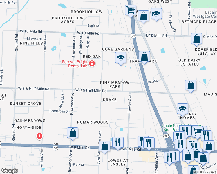 map of restaurants, bars, coffee shops, grocery stores, and more near 510 West 9 & Half Mile Road in Pensacola