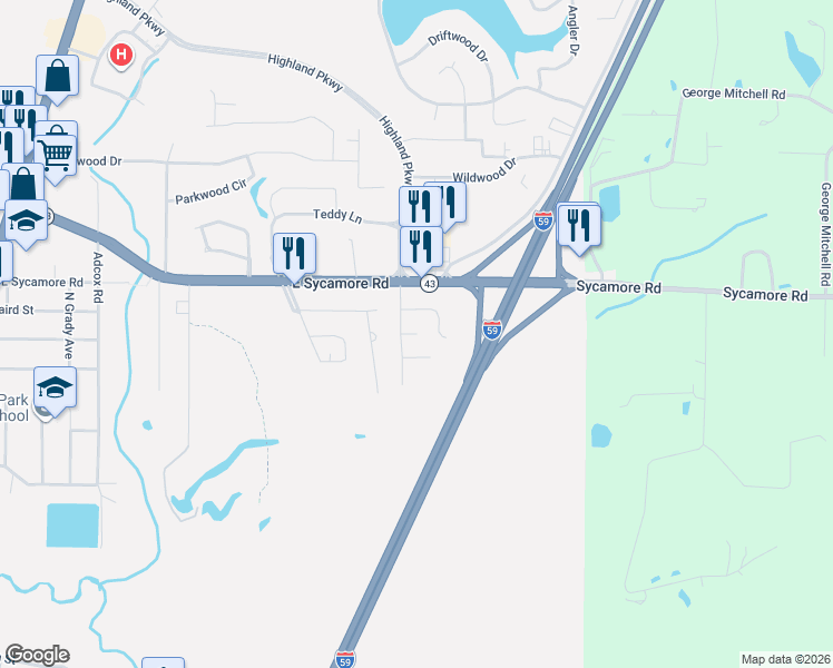 map of restaurants, bars, coffee shops, grocery stores, and more near 1499 Chateau Cove in Picayune