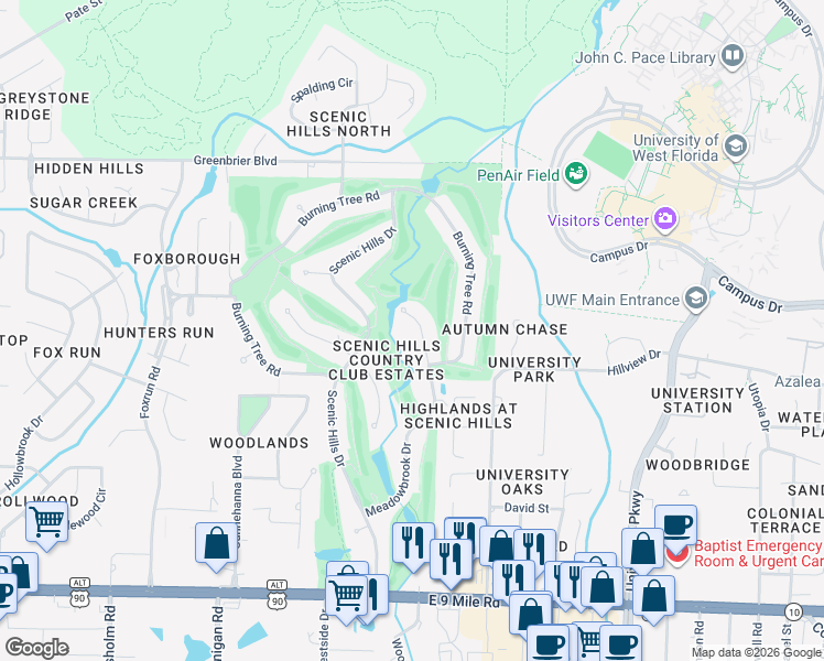 map of restaurants, bars, coffee shops, grocery stores, and more near 8829 Meadowbrook Drive in Pensacola