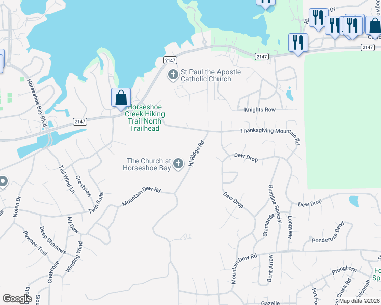 map of restaurants, bars, coffee shops, grocery stores, and more near 500 Hi Ridge Road in Horseshoe Bay